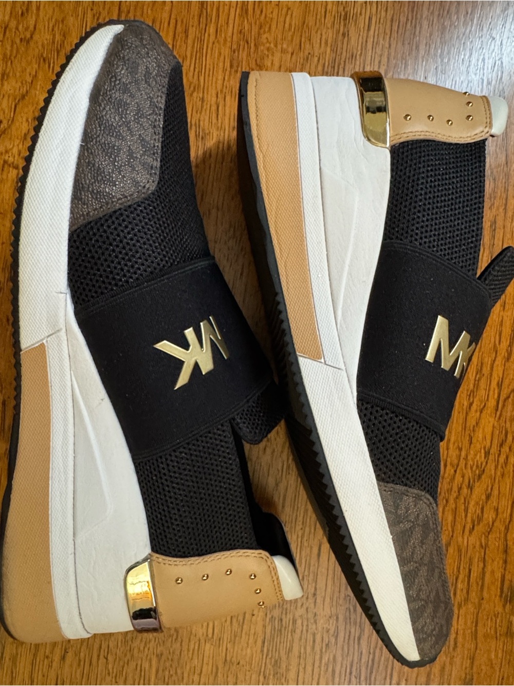 MICHAEL KORS Black, Tan and Gold Slip-On Sneakers